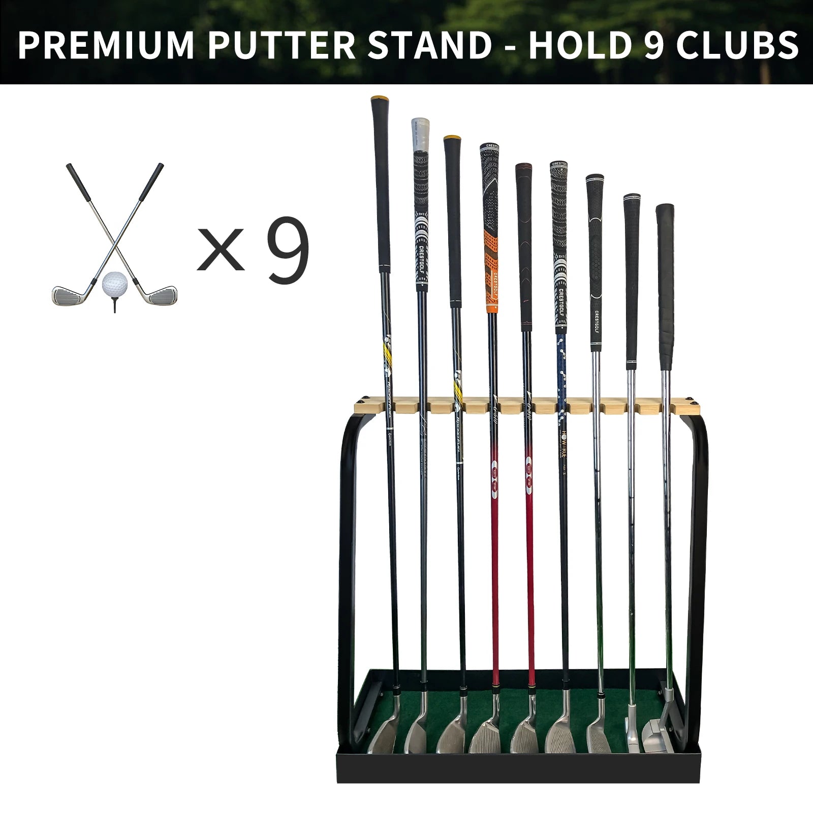 Golf Club Holder Wooden Golf Club Rack for 9 Golf Clubs Golf Putter Stand Display Organizer for Storage Indoor Home Garage