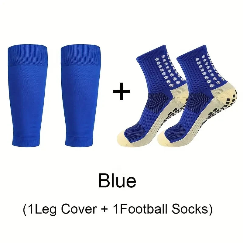 2 Pairs Anti-Slip Breathable Fitness Football Socks and Sports Leg Sleeves Set Men Women Soccer Tennis Basketball Sports Socks