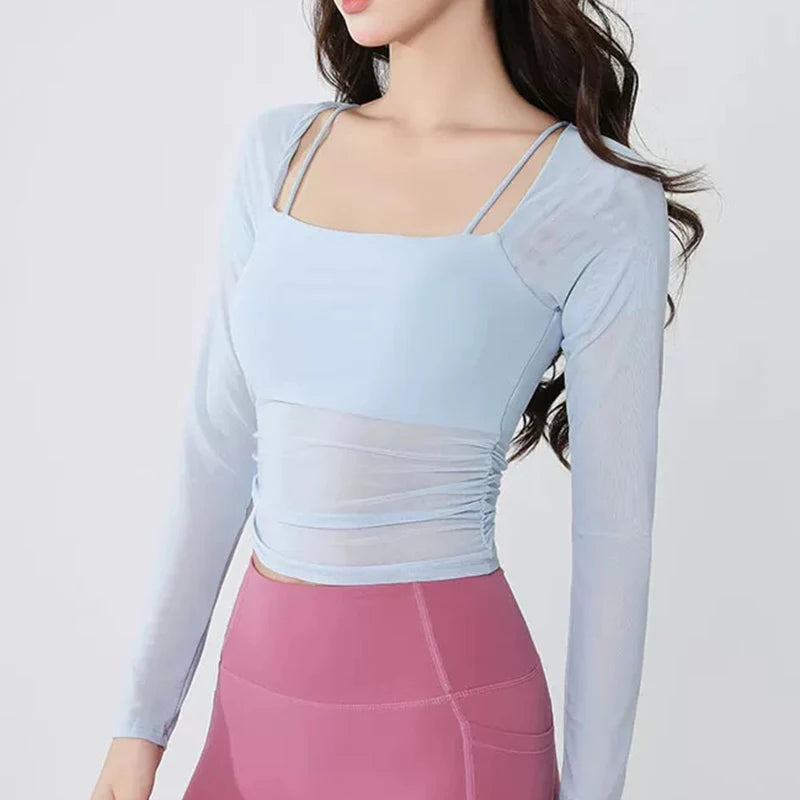 Women's sports yoga suit, mesh fake two-piece yoga sports top fitness suit