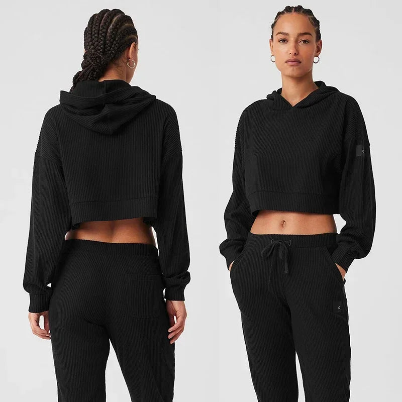 AL Yoga Set Muse Hoodie Jogger Style Loose Comfortable Short Hooded Sweatshirt Women's Sweatpant Threaded Split Fitness Set