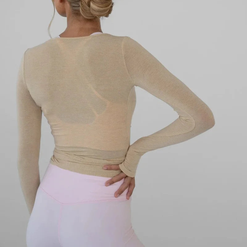 Women's Yoga Shirts Wrap Ruched Tie Front Long Sleeve Workout T Shirts Sexy Deep V Neck Slim Fit Casual Cropped Top