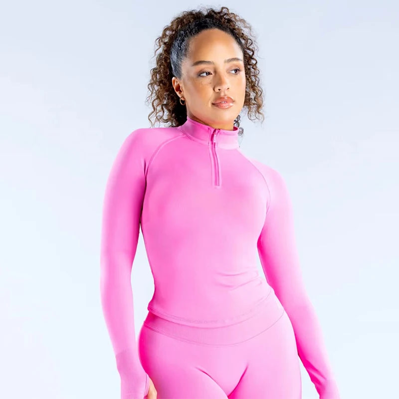 Women Long Sleeve Yoga Clothes Seamless Long Sleeve Half Zippy Gym Top Jacket Tight Yoga Top Fitness Workout Running Clothes Top