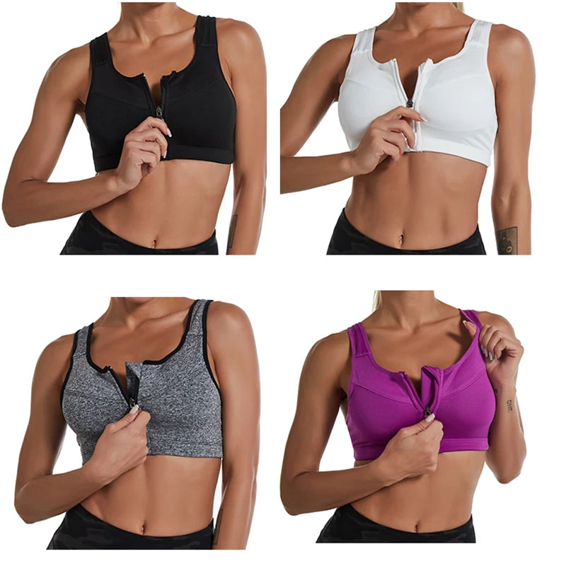Plus Size Women Zipper Sports Bra Shockproof Tank Top Yoga Underwear for Sporty Bodybuilding Running Sport Bras
