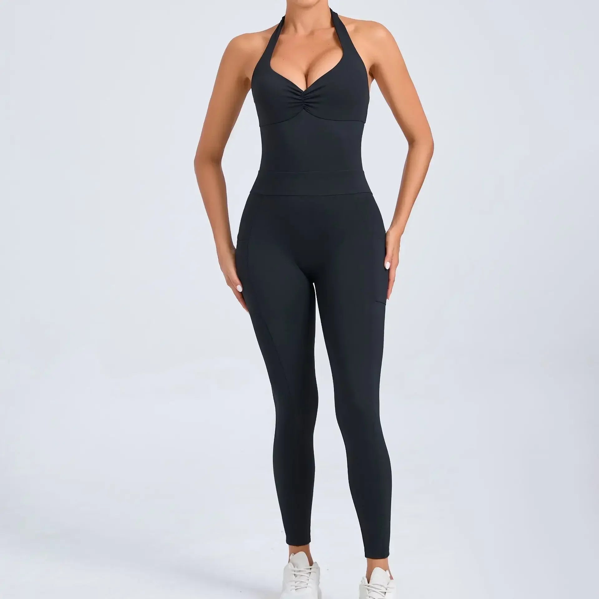 Fashion Sexy Sports Jumpsuit with Pocket Women Sportswear One Piece Gym Yoga Clothing Backless Scrunch Fitness Overalls Push Up