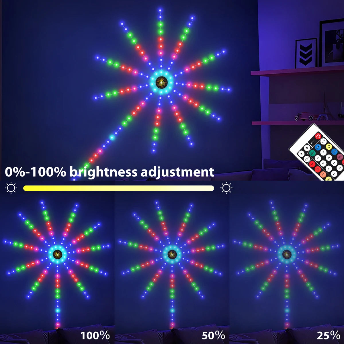 1pc RGB Firework Flexible LED Strip Lights 5V USB With Bluetooth Remote Voice-Activated Christmas Decoration Lights for Bedroom