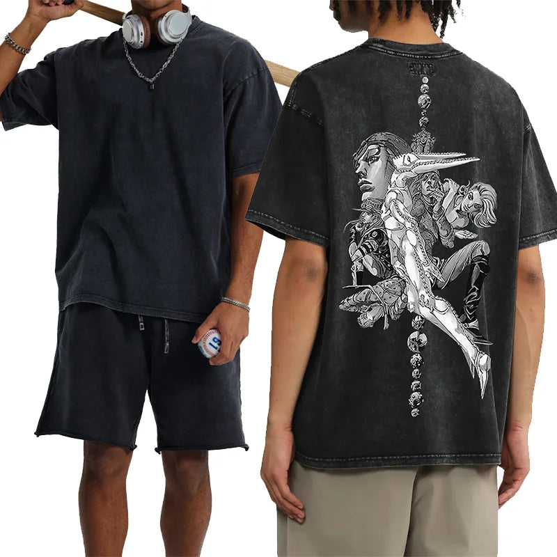 Men Tees Vintage JOJO Bizarre Adventure Steel Ball Run Vol Washed T-Shirt Fashion Streetwear Unisex Short Sleeve Tops Oversized