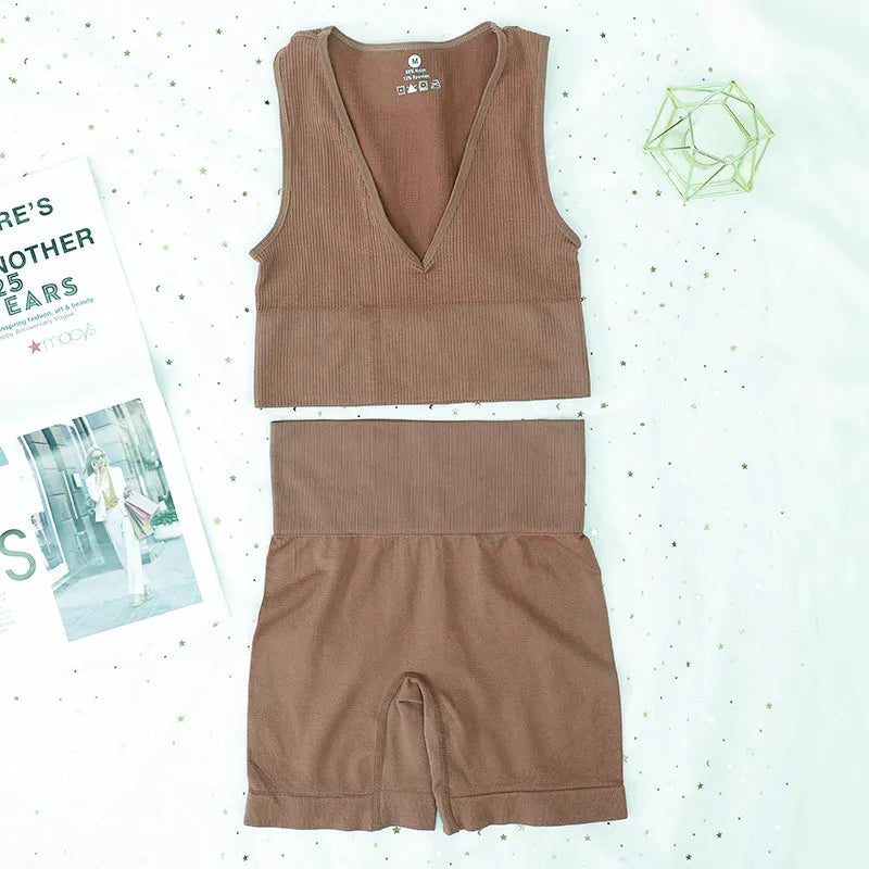 Women Sport Ribbed Bras Set Seamless Underwear Set High Waist Fitness Shorts Female Sexy Lingerie Bralette Deep V Top Sportwear