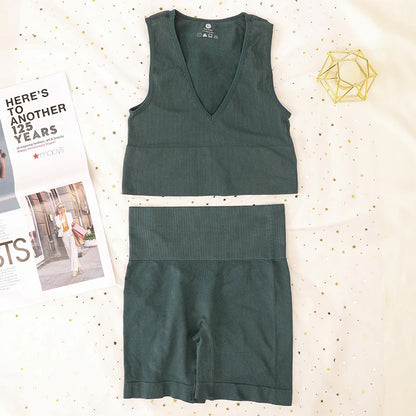 Women Sport Ribbed Bras Set Seamless Underwear Set High Waist Fitness Shorts Female Sexy Lingerie Bralette Deep V Top Sportwear