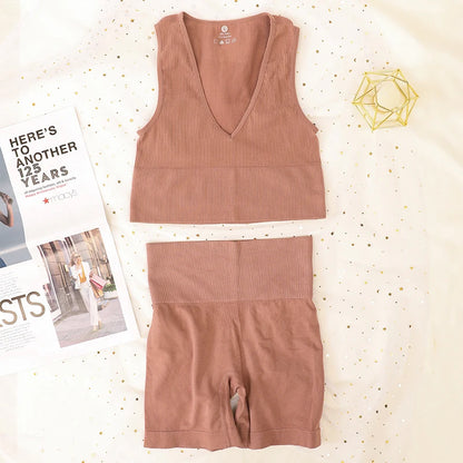 Women Sport Ribbed Bras Set Seamless Underwear Set High Waist Fitness Shorts Female Sexy Lingerie Bralette Deep V Top Sportwear