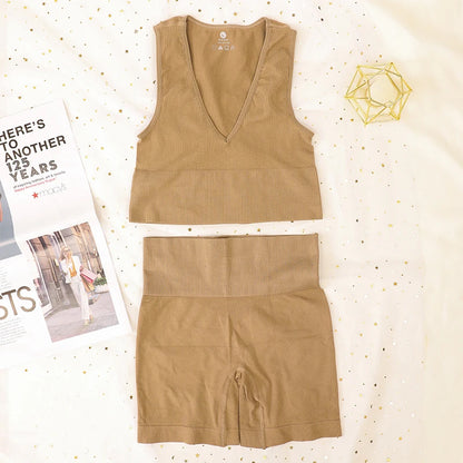 Women Sport Ribbed Bras Set Seamless Underwear Set High Waist Fitness Shorts Female Sexy Lingerie Bralette Deep V Top Sportwear