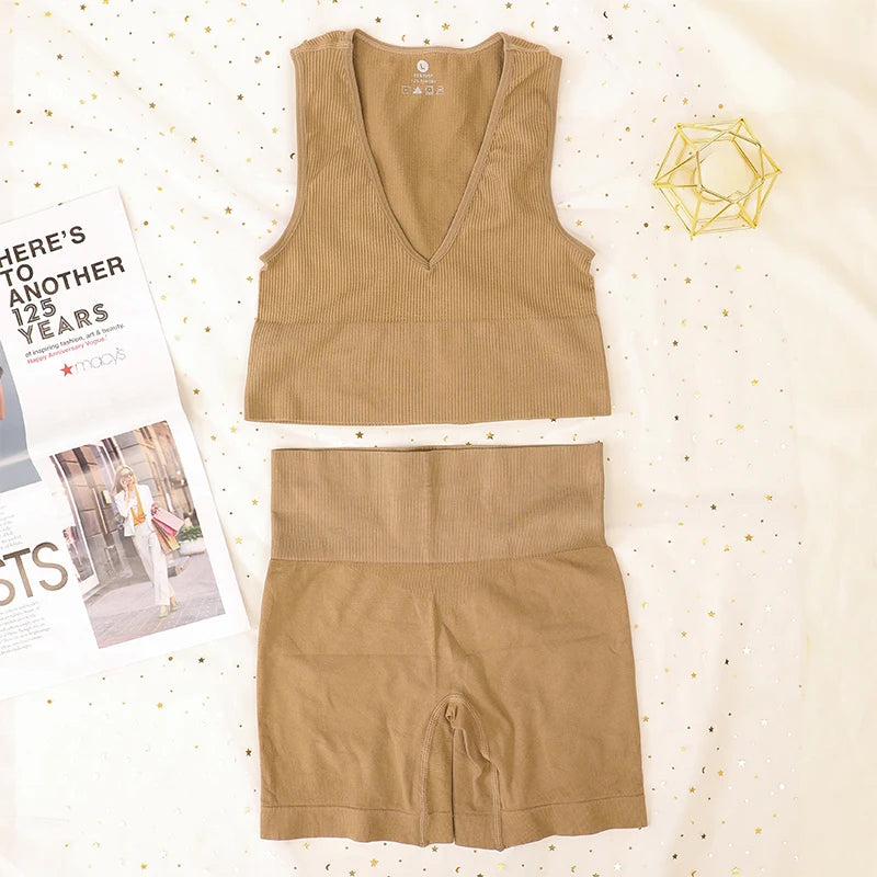 Women Sport Ribbed Bras Set Seamless Underwear Set High Waist Fitness Shorts Female Sexy Lingerie Bralette Deep V Top Sportwear