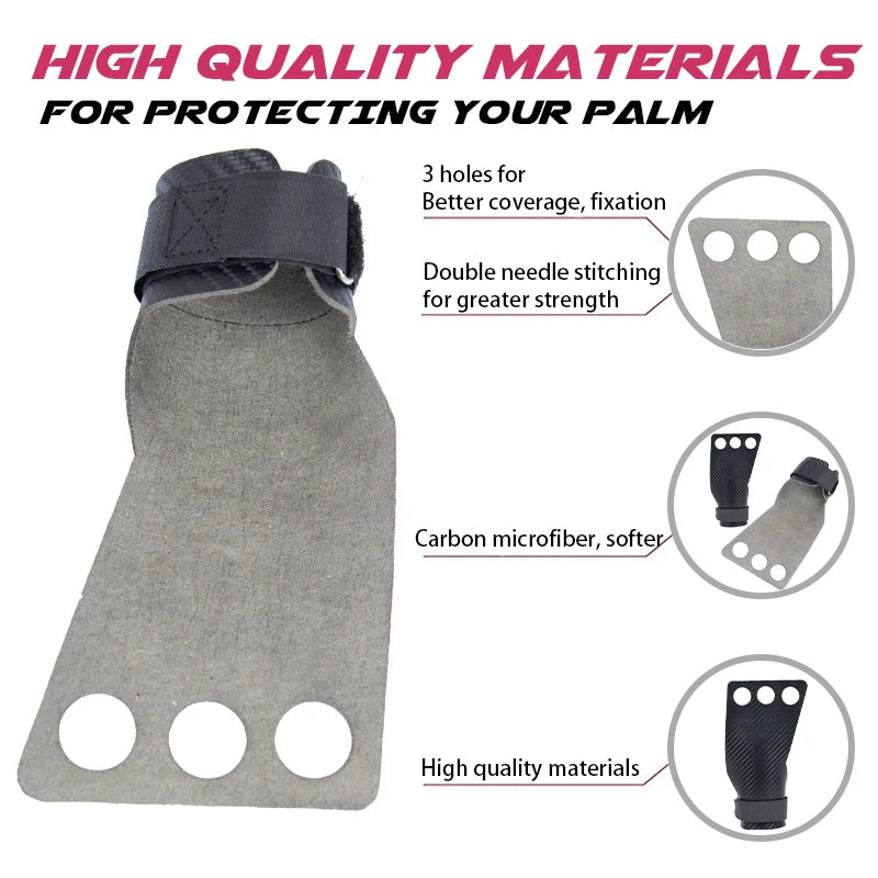 Weightlifting Gymnastic Carbon Grips Gym Exercise Fitness Weight Lifting Gloves 3 Hole Hand Grips Pullups Workout Palm