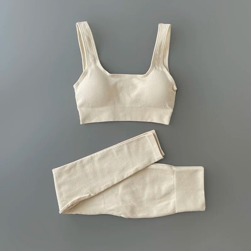 Ribbed Yoga Clothing Sets Women High Waist Leggings And Top Two Piece Set Seamless Tracksuit Fitness Workout Outfits Gym Wear