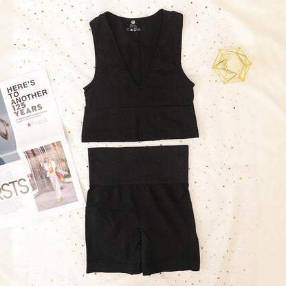 Women Sport Ribbed Bras Set Seamless Underwear Set High Waist Fitness Shorts Female Sexy Lingerie Bralette Deep V Top Sportwear