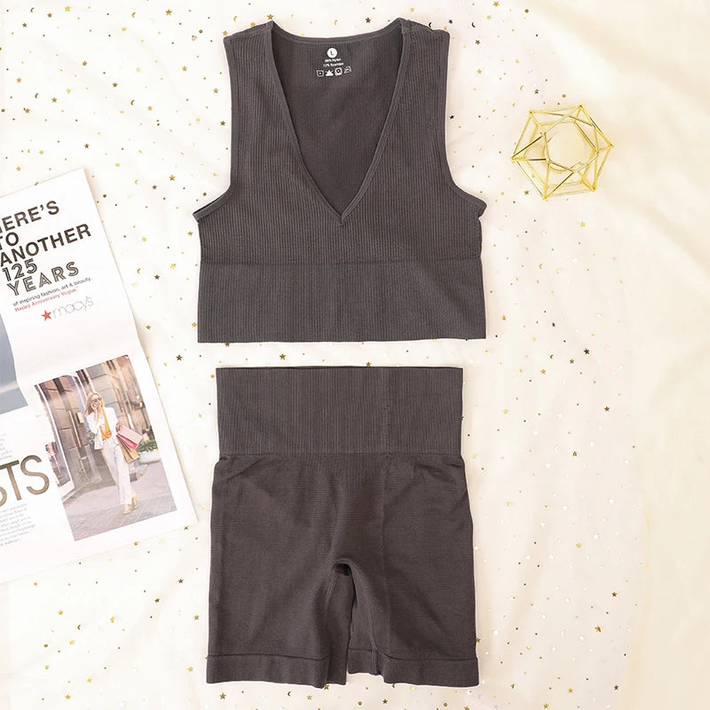 Women Sport Ribbed Bras Set Seamless Underwear Set High Waist Fitness Shorts Female Sexy Lingerie Bralette Deep V Top Sportwear