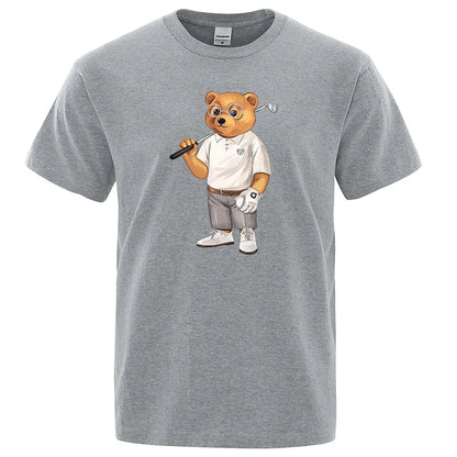 Gentleman Ted Bear Playing Golf Men T Shirts Summer Cotton Sweat T-Shirts Breathable Loose Clothes Hip Hop Street Short Sleeve