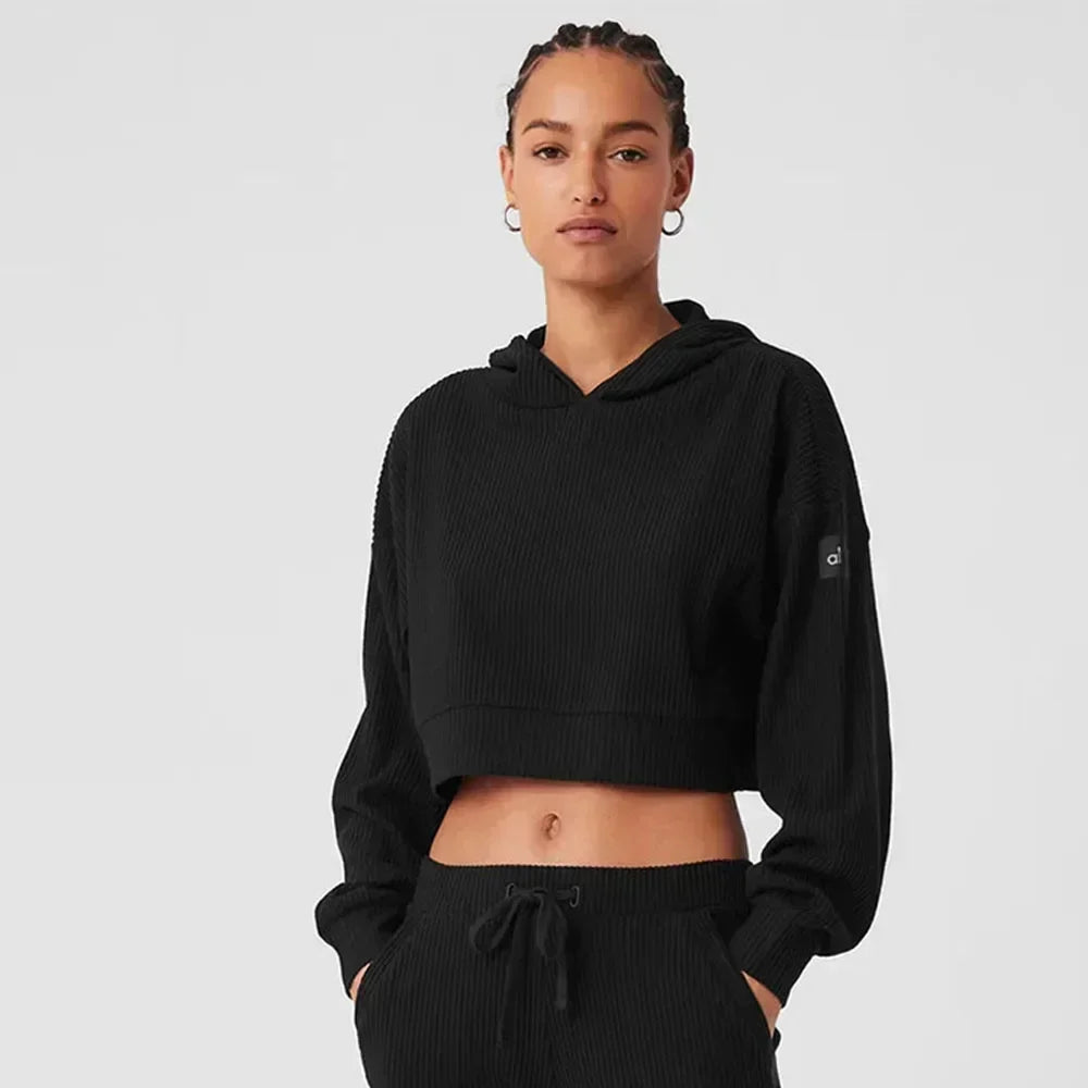 AL Yoga Set Muse Hoodie Jogger Style Loose Comfortable Short Hooded Sweatshirt Women's Sweatpant Threaded Split Fitness Set