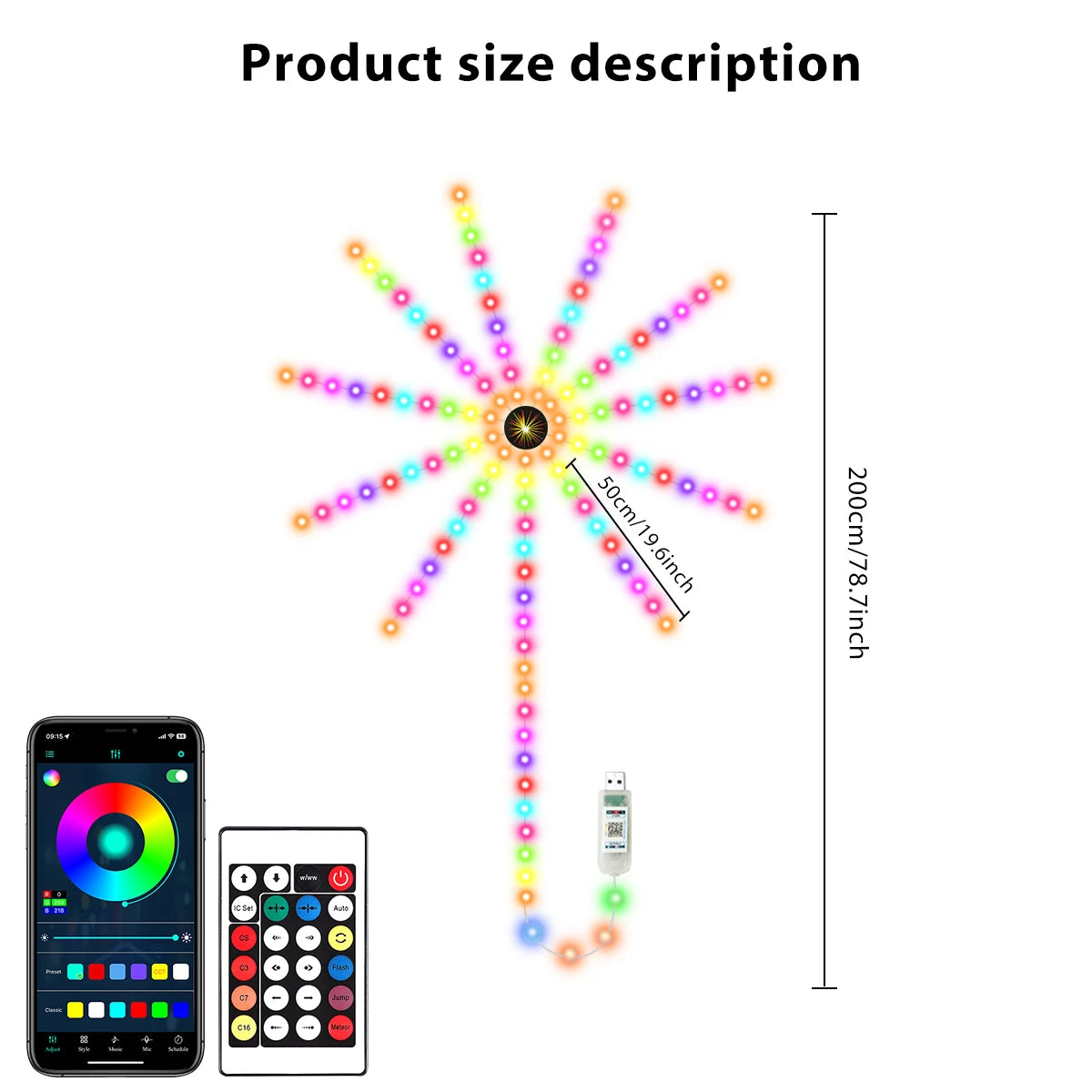 1pc RGB Firework Flexible LED Strip Lights 5V USB With Bluetooth Remote Voice-Activated Christmas Decoration Lights for Bedroom