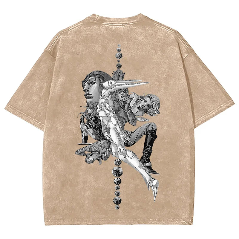 Men Tees Vintage JOJO Bizarre Adventure Steel Ball Run Vol Washed T-Shirt Fashion Streetwear Unisex Short Sleeve Tops Oversized