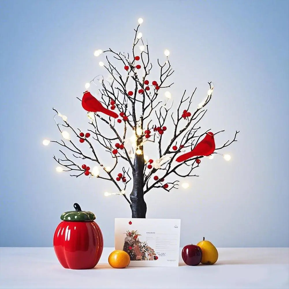 Lighted Mini Birch Tree Light LED Cardinals Christmas Tree Vintage Glowing Tree Light for Table Home Xmas Decoration Ornament