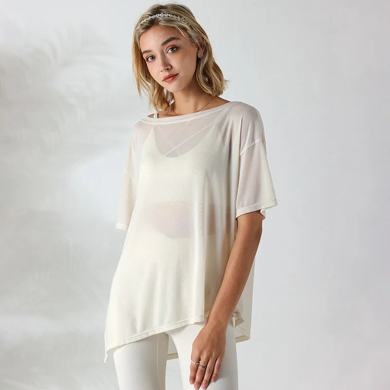 Women Yoga Shirts Thin Loose See-Through Sport Tops Breathable Short Sleeve Running T-shirt Forked Gym Fitness Top Blouse Female