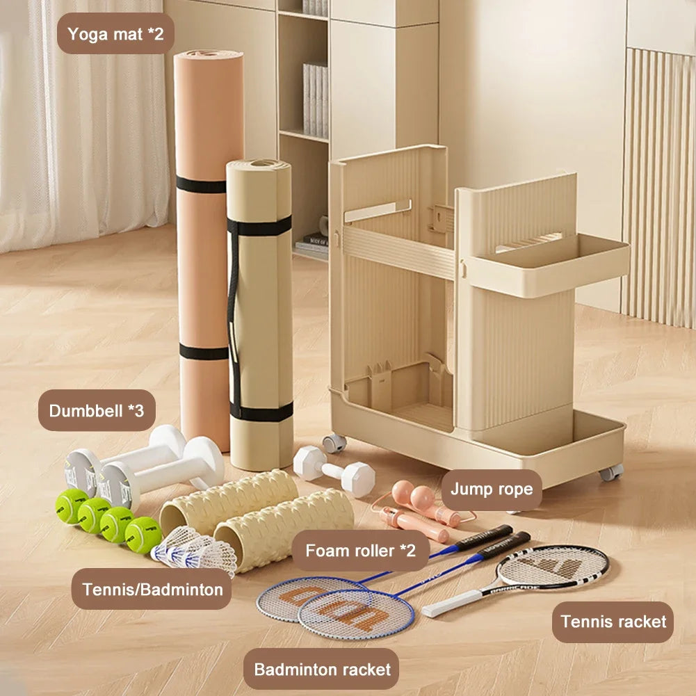 1p Gym Equipment Organizer Trolley with Wheels, Sports Storage Rack Yoga Mat Holder Basket Fitness Tools Organizer Portable Cart