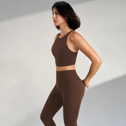 Naked yoga pants set of European and American yoga clothing high-waisted peach to lift the buttocks fitness suit female bra