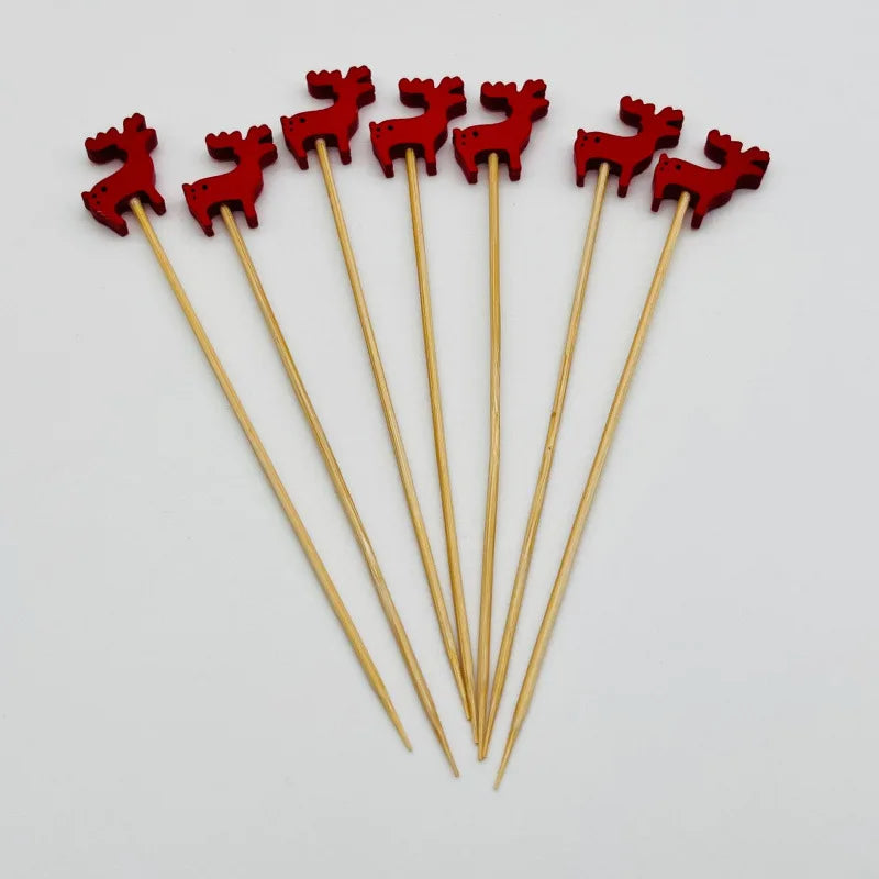 Christmas Party Disposable Decoration Bamboo Stick Christmas Santa Snowman Elk Angel Bamboo Skewer Fruit Dessert Food Toothpicks