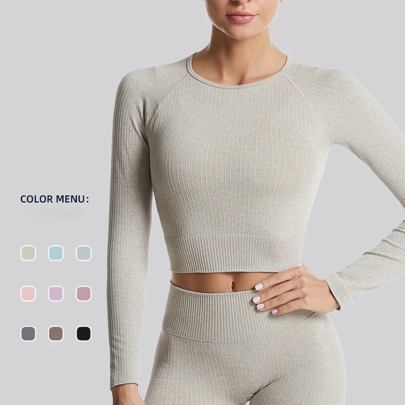 Yoga Lady Long-Sleeved Clothing Thread Big Size Sports Corsetry Yoga Dress Female Solid Color Navel Crop Top Fitness Slim-fit