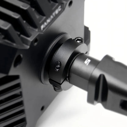 Simube Shaft Clamp For Fanatec Base, featuring aluminum alloy material, CNC machining process, and anodized coloring.