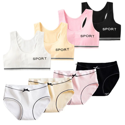 1/4 Sets Wireless Girl's Sports Bra Underwear Sets Cotton Breathable Sweat-Wicking Kids Brassiere and Girls Panties Lingerie Set