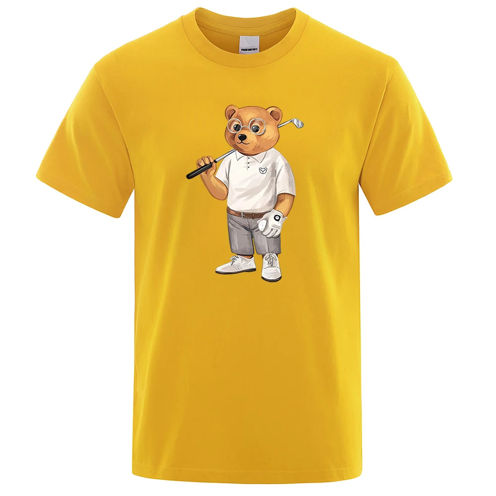 Gentleman Ted Bear Playing Golf Men T Shirts Summer Cotton Sweat T-Shirts Breathable Loose Clothes Hip Hop Street Short Sleeve