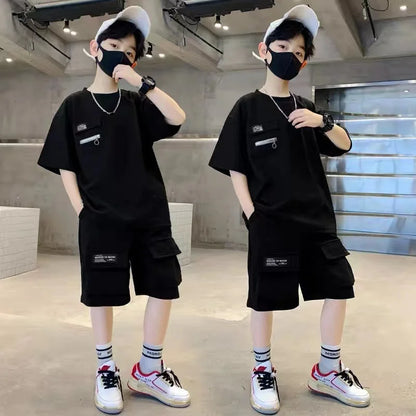 Boys Sport Clothing Sets Summer Big Kids Loose Casual Suit Teen Short Sleeve Tops+Shorts 2Pcs Children Fashion Handsome Outfits