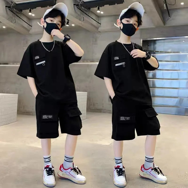 Boys Sport Clothing Sets Summer Big Kids Loose Casual Suit Teen Short Sleeve Tops+Shorts 2Pcs Children Fashion Handsome Outfits