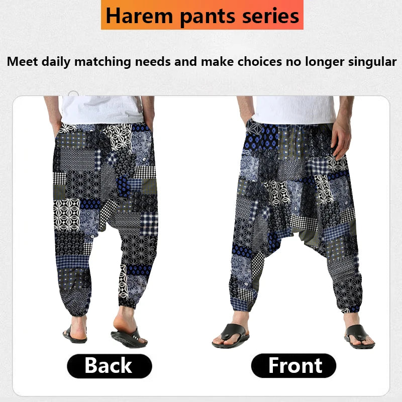 Men's Bohemian Harem Pants Unique Patchwork Print Soft Breathable Material Elastic Waist Casual Looks Beach Trips Yoga Clothing