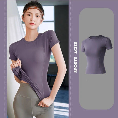 2024 Women's Sports Fitness Clothing Slim Running Sweat Absorbing Skinny Yoga Clothes Quick Drying Clothes Short Sleeved T-shirt