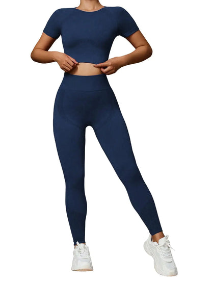 Fashionable women's two-piece high elastic seamless yoga suit sportswear, slim short-sleeved top, high waist pants,