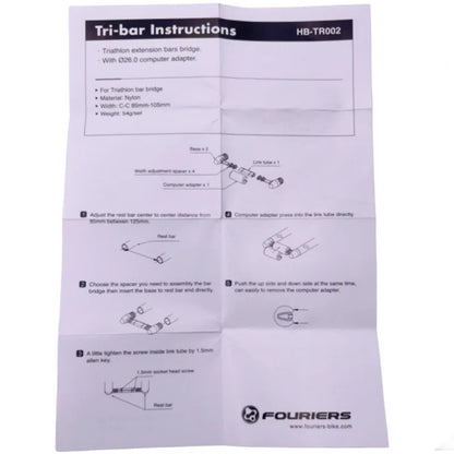 FOURIERS Triathlon tri-bar bridge Has an adjustable width to a maximum of 105mm. Also features a Ø26mm computer mount bar for