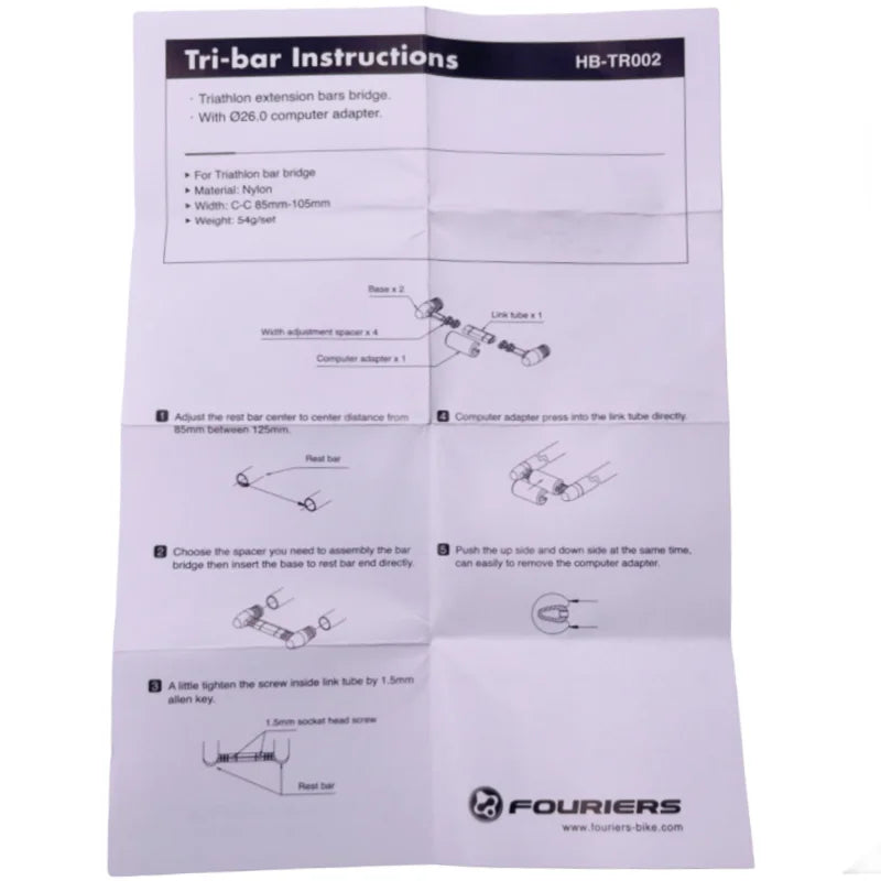 FOURIERS Triathlon tri-bar bridge Has an adjustable width to a maximum of 105mm. Also features a Ø26mm computer mount bar for