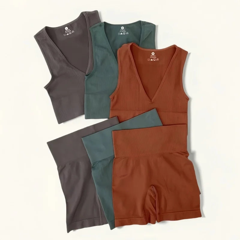 Women Sport Ribbed Bras Set Seamless Underwear Set High Waist Fitness Shorts Female Sexy Lingerie Bralette Deep V Top Sportwear