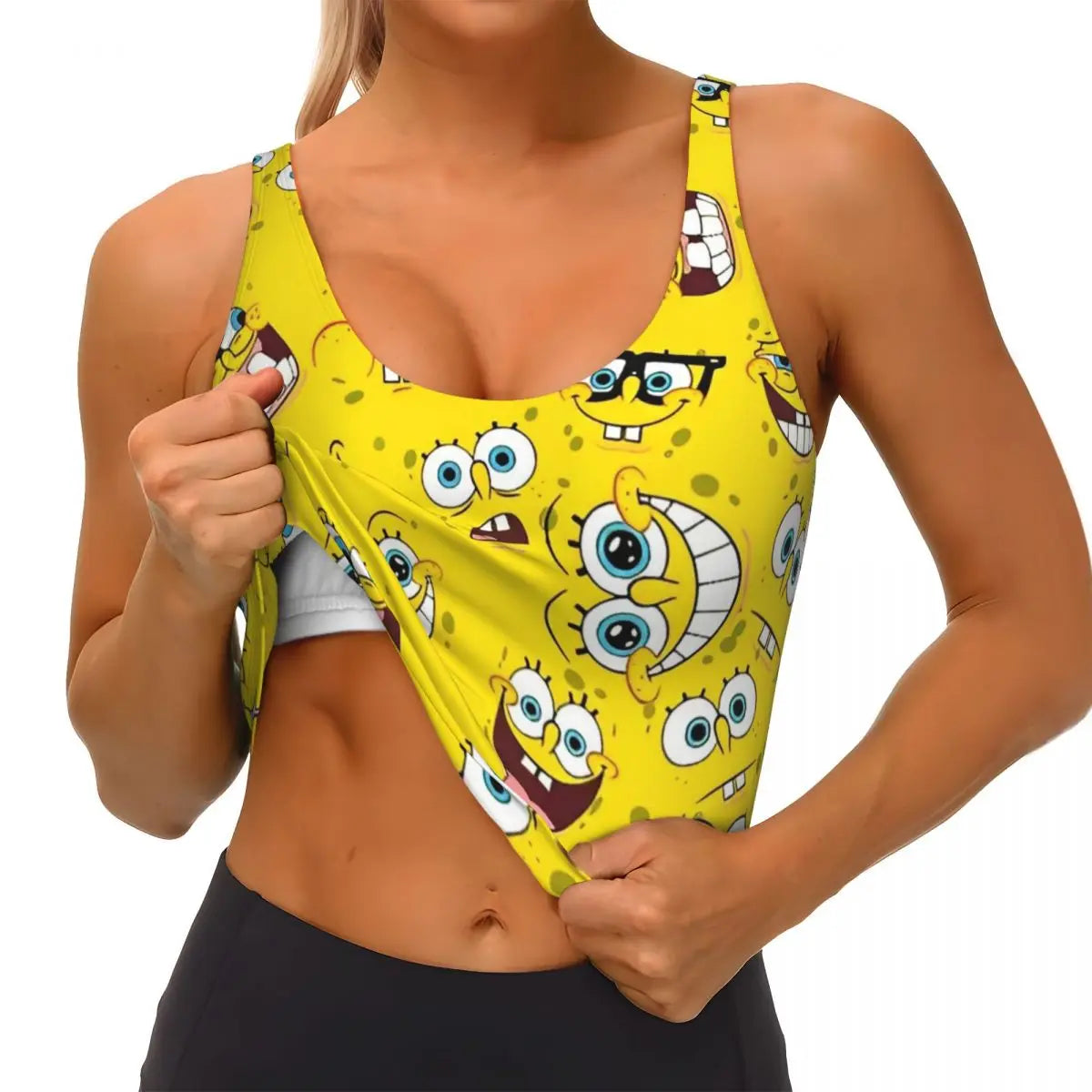 SpongeBobed Anime Cartoon Womens' Sports Bra Longline Wirefree Padded with Medium Support Yoga Sport Bras With Removable Cups