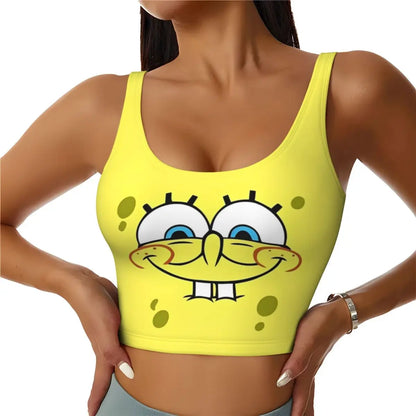 SpongeBobed Anime Cartoon Womens' Sports Bra Longline Wirefree Padded with Medium Support Yoga Sport Bras With Removable Cups