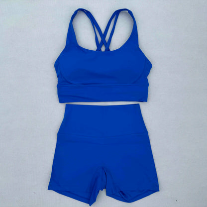 Yoga Clothes Set 2 Piece Gym Sports Shorts Set Women Cross Back Bra Top High Waist Shorts Fitness Suit Running Workout Tracksuit