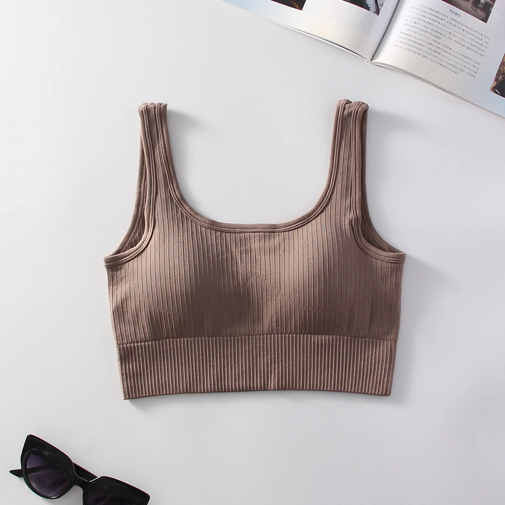 Ribbed Solid Sports Bra Medium Support Square Neck Seamless Knit Padded Push Up Fitness Bra Women's Activewear Summer Outerwear