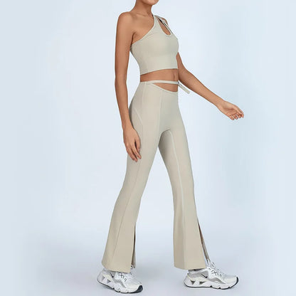 Yoga Set Sleeveless Single Shoulder Top High-Waisted Bootcut Leggings Built-In Bra Butt-Lifting Workout Outfit Gym Fitness