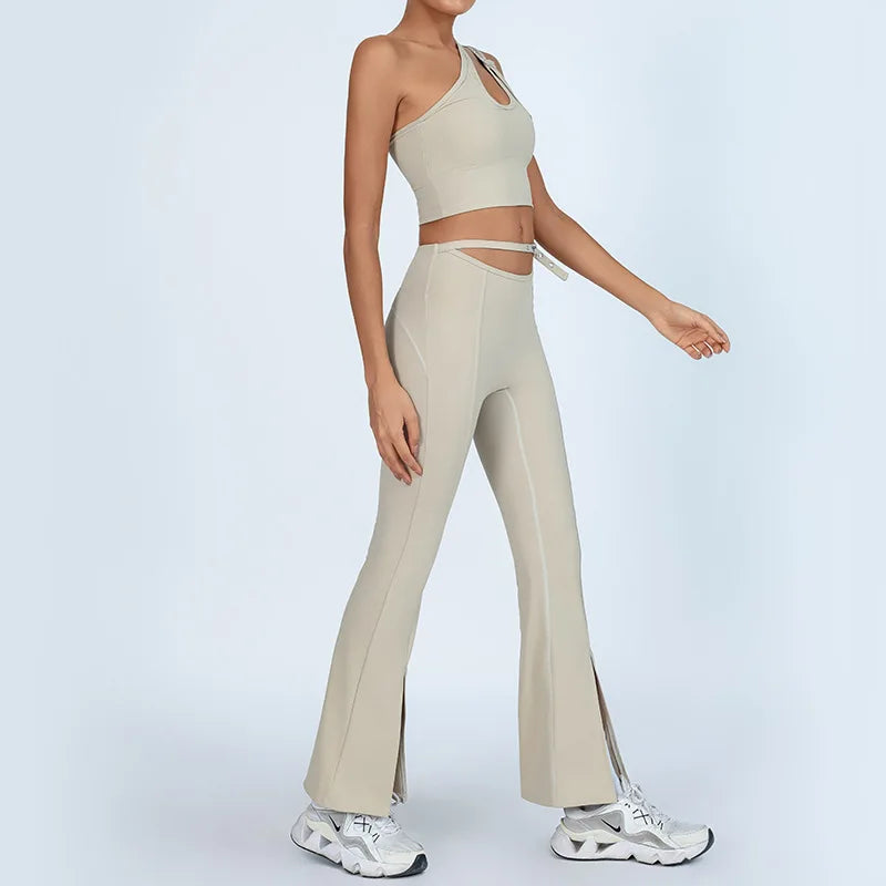 Yoga Set Sleeveless Single Shoulder Top High-Waisted Bootcut Leggings Built-In Bra Butt-Lifting Workout Outfit Gym Fitness