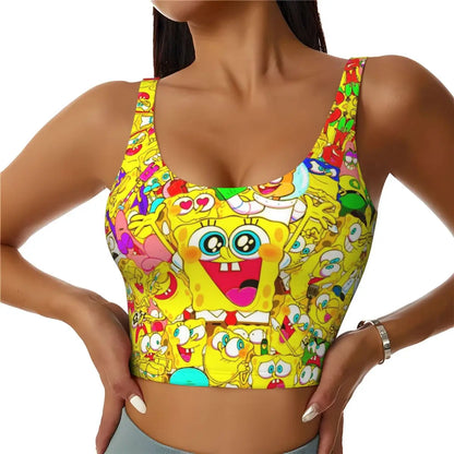 SpongeBobed Anime Cartoon Womens' Sports Bra Longline Wirefree Padded with Medium Support Yoga Sport Bras With Removable Cups