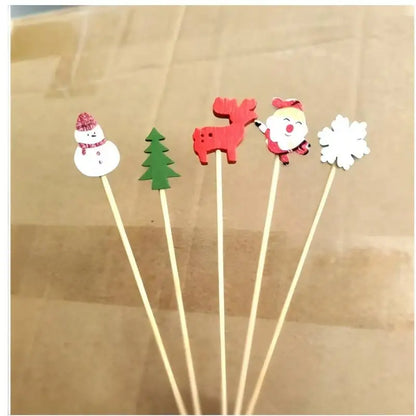 Christmas Party Disposable Decoration Bamboo Stick Christmas Santa Snowman Elk Angel Bamboo Skewer Fruit Dessert Food Toothpicks