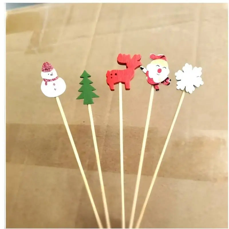 Christmas Party Disposable Decoration Bamboo Stick Christmas Santa Snowman Elk Angel Bamboo Skewer Fruit Dessert Food Toothpicks