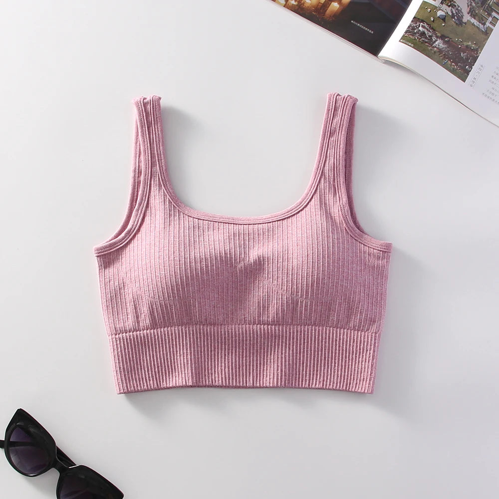 Ribbed Solid Sports Bra Medium Support Square Neck Seamless Knit Padded Push Up Fitness Bra Women's Activewear Summer Outerwear